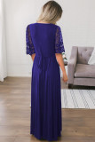 Dark Blue Floral Lace Half Sleeve Wrap V Neck Party Long Maxi Dress