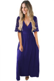 Dark Blue Floral Lace Half Sleeve Wrap V Neck Party Long Maxi Dress