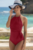 Red High Neck Ruched Monokini Swimwear with Self Tie Strap