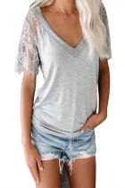 Gray Sweet Side Lace Deep V Neck Top T-shirt