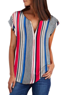 Multicolor V Neck Stripes Roll up Short Sleeve Zip Up Blouse