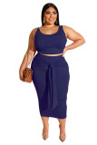 Dark Blue Solid Color Casual Outfits Bodycon Plus Size Two Piece Set