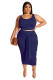 Dark Blue Solid Color Casual Outfits Bodycon Plus Size Two Piece Set