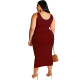Burgundy Solid Color Casual Outfits Bodycon Plus Size Two Piece Set