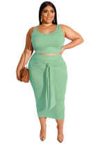 Light Green Solid Color Casual Outfits Bodycon Plus Size Two Piece Set