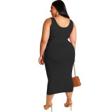 Black Solid Color Casual Outfits Bodycon Plus Size Two Piece Set