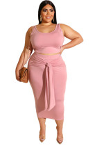 Pink Solid Color Casual Outfits Bodycon Plus Size Two Piece Set