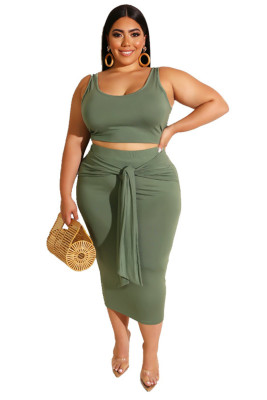 Army Green Solid Color Casual Outfits Bodycon Plus Size Two Piece Set