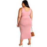 Pink Solid Color Casual Outfits Bodycon Plus Size Two Piece Set