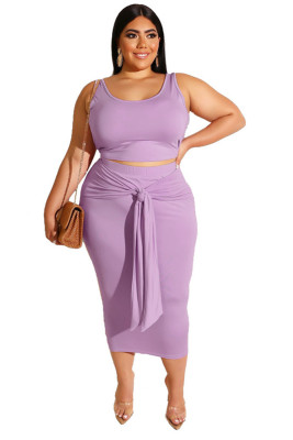Purple  Solid Color Casual Outfits Bodycon Plus Size Two Piece Set