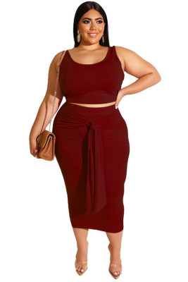 Burgundy Solid Color Casual Outfits Bodycon Plus Size Two Piece Set