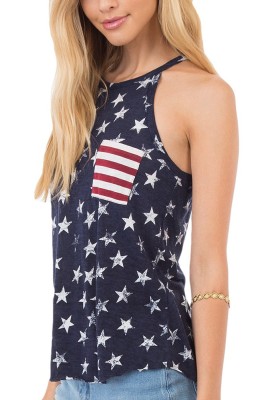 Navy Halter Stars Tank Top with Back Bow Knot