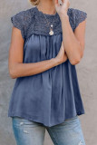 Blue Crochet Lace Trim Splicing Casual Blouse