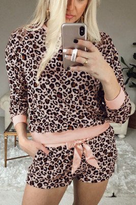 Pink Leopard Long Sleeve Shorts Pajamas Set