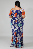 Blue Off-the-shoulder Floral Print Plus Size Maxi Dress