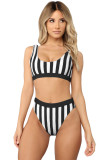 Black Athletic Striped Tank High Waist Bikini