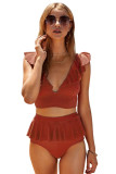 Red Open Back Ruched Halter Top Shorts Tankini Set