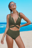 Green Twisted Ruched Hollow Out One-piece Swimwear
