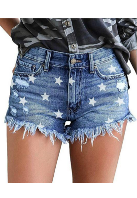 Light Blue Star Print Shorts Jeans with Tassel