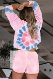 Pink Tie Dye Printed Long Sleeve Tops and Shorts Pajamas Set