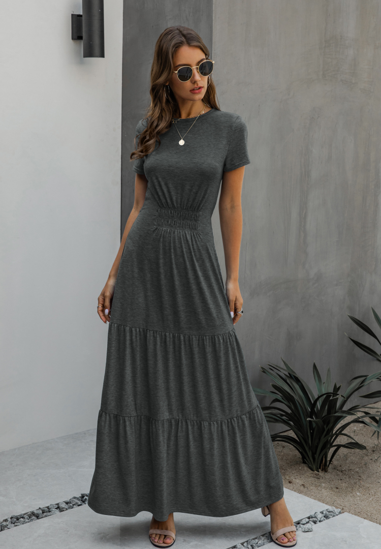 US$ 9.30 - Dark Grey Solid Elegant Tiered Maxi Dresses - www ...