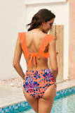 Orange Ruffle Bikini Top Printed Panty Swimsuit