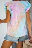 Multicolor Tie-dye Ruffled Cap Sleeve T-shirt