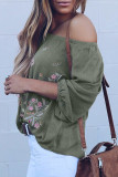 Green Embroidered Off Shoulder Long Sleeve Bohemian Floral Blouse