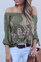 Green Embroidered Off Shoulder Long Sleeve Bohemian Floral Blouse