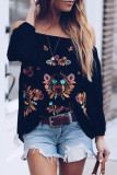 Black Embroidered Off Shoulder Long Sleeve Bohemian Floral Blouse