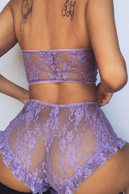 Purple Lace Mesh Print Tube See Through Sleeveless Lingerie Set