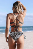 Gray Halter Crisscross Hollow Out Ribbed Printed One-piece Swimwear