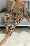 Brown Casual Long Sleeve Leopard Pants Loungewear Set