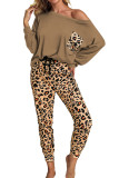 Brown Casual Long Sleeve Leopard Pants Loungewear Set