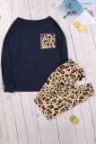 Blue Casual Long Sleeve Leopard Pants Loungewear Set