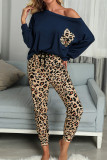 Blue Casual Long Sleeve Leopard Pants Loungewear Set