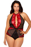 Plus Size Red Lace Backless Halter Teddy