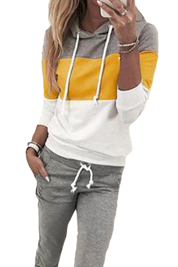US$ 16.29 - Yellow Drawstring Design Colorblock Hooded Top & Pant Set - www.unishe.com
