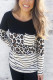Leopard Striped Patchwork Long Sleeve Top with Pocket