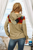 Khaki Long Sleeve Striped Color Block Drawstring Hoodie
