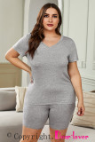 Gray Plus Size V Neck T-shirt and Shorts Loungewear