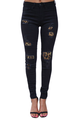 Patchwork Leopard Ripped Jeans
