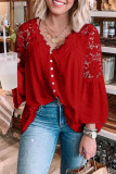 Red Crochet Lace Splicing Bell Sleeve Button Top