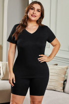 Black Plus Size V Neck T-shirt and Shorts Loungewear