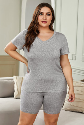 Gray Plus Size V Neck T-shirt and Shorts Loungewear