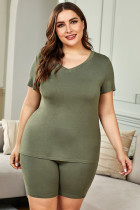 Green Plus Size V Neck T-shirt and Shorts Loungewear