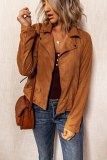 Brown Moto Suede Lapel Collar Zipper Long Sleeve Jacket