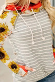 Gray Sunflower Print Long Sleeves Zipper Pocket Striped Hoodie