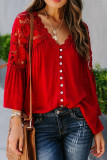 Red Crochet Lace Splicing Bell Sleeve Button Top