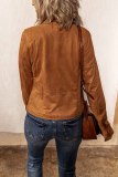 Brown Moto Suede Lapel Collar Zipper Long Sleeve Jacket